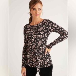 Boden Top Women's 12 L Black Pink Floral Bernadette Jersey Tie Stretch Printed